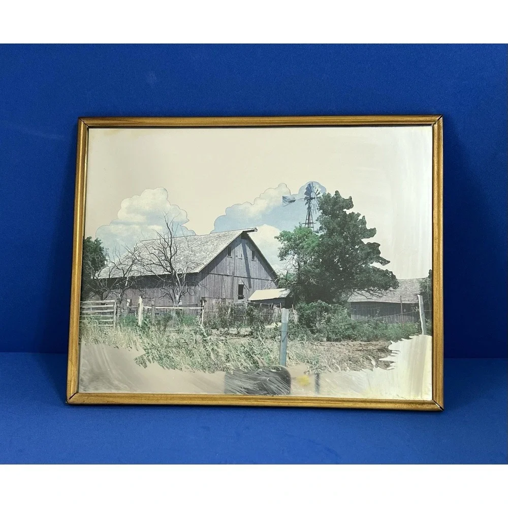 Vintage Framed Copper Plated  Mirror Gray Barn with Windmill